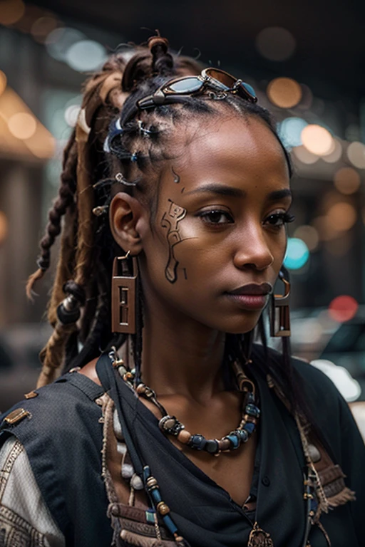 1 African woman, 30 years old, pretty face, dreadlocks, hyperrealistic, ultra detailed face and body, realistic representation