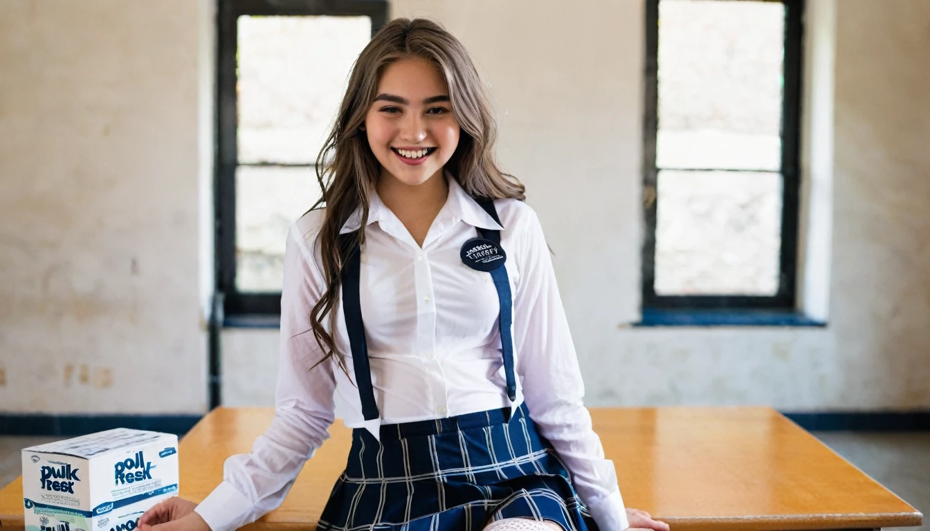 A striking and bold portrait of a -yeld giexuding confidence and allure in her seductive school uniform-inspired outfit. Her partially unbuttoned white shirt shows off a delicate lace bra, and her short skirt accentuates her fishnet stockings. Holding up a pregnancy test with a negative result, she flashes a playful grin at the viewer. Inside speech bubbles are the words "Got lucky" and "thankfully Not pregnant," accompanied by a suggestion: "Pull out quick next time". The image captures the essence of flirtatiousness and risk-taking. In the background, a box of condoms reads "condom," emphasizing the importance of safe sex. The overall atmosphere is a blend of edginess, playfulness, and empowerment., photo, typography