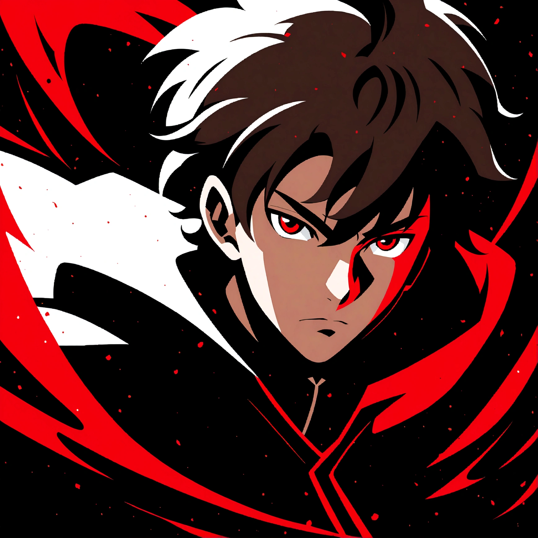 anime style diffusion, upper body, (face to the side 0.3), boy with messy brown hair bright red eyes, (open eyes 0.5), (serious face 0.1), mature face, black majestc cloak with red details, upper light, high contrast , 2D style, photoshop, cinematic
