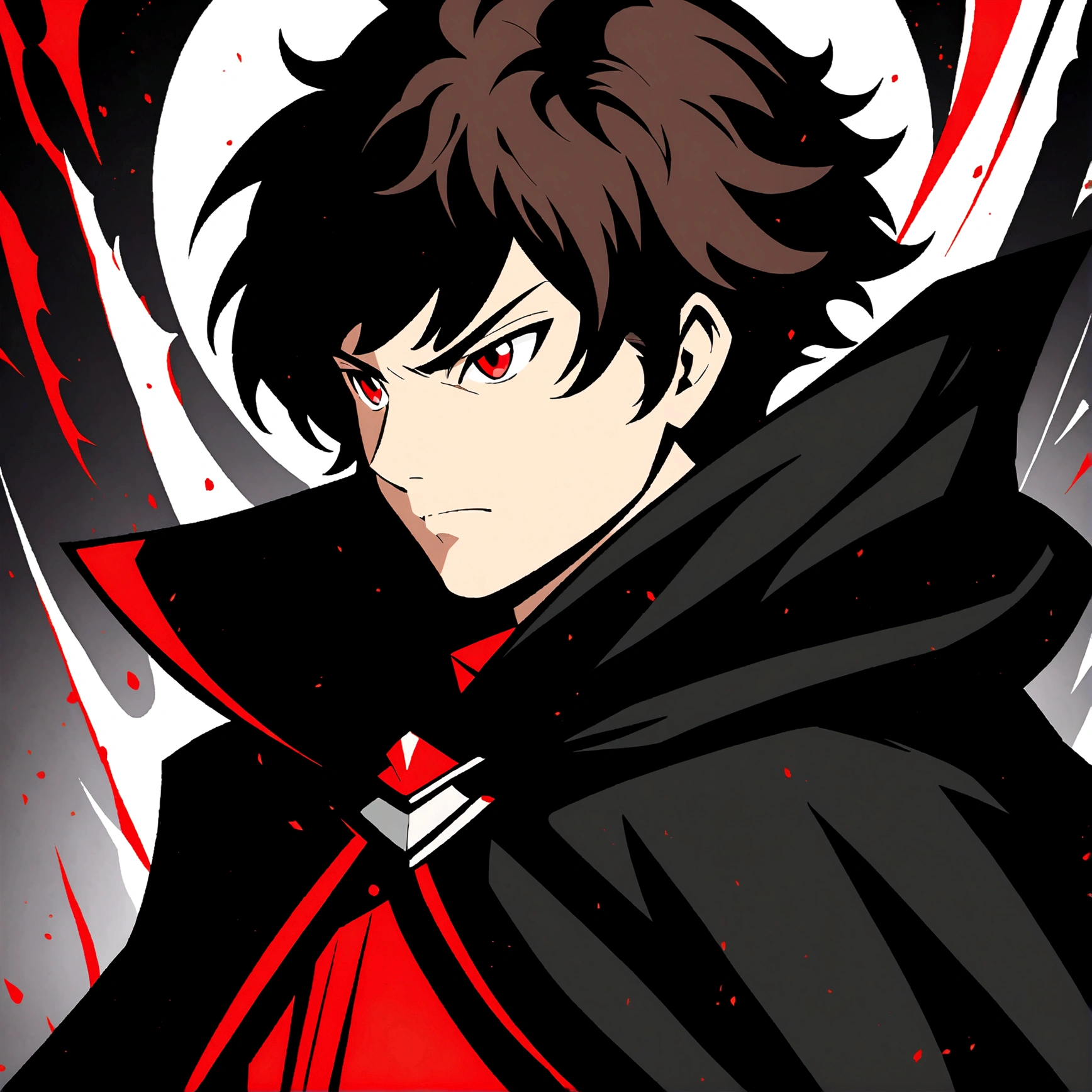 anime style diffusion, upper body, (face to the side 0.3), boy with messy brown hair bright red eyes, (open eyes 0.5), (serious face 0.1), mature face, black majestc cloak with red details, upper light, high contrast , 2D style, photoshop, cinematic
