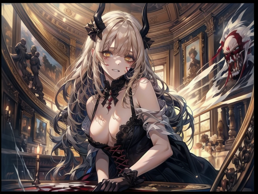 Delicate features,disaster々new devil horns,狂気の笑face, 最上級の笑face, Eyelids wide open, Crazy Smile, Open your mouth wide, 口を開けてteethをむき出しにする, Wide lips, very wide mouth, Vermilion cheeks, Blonde, Princess Cut, Ribbon hair ornament, brooch, Shiny candy blue dress, Gold embroidery,ta Style, Gothic style, Facing the audience, Otaku Room, Well-built body, Nice body, Ample breasts, Thick body,Eyes Wide Open、Scary atmosphere、Distorted facial expressions、ねじれた笑face、Bloodstained、bleeding from the head,、Blood splatter、whole body、Long Hair、Long bangs、(((Dark circles under the eyes)))、Pale skin、Feeling unwell、Pathological、邪悪な笑face、Crazy Eyes、(Grin)Dramatic makeup,Create mixed media art,Well-built,Nice body,Broad shoulders,I focus,(face),Messy Hair,Yellow Eyes,(Glowing Eyes),(Blood splatter:1.6),Red light,笑face,big 笑face,teeth,psycho 笑face,gesugao,Dark city background,darkness,night,(close),Good Eyes, 良いteeth,サディスティックな笑face,,all,Shiny skin,詳細なface,Beautiful body,アwhole body油まみれで光沢感がある whole bodyから湯気が出ている Steam like a sauna room fills the screen.. White breath from the mouth Luxurious lace long gloves