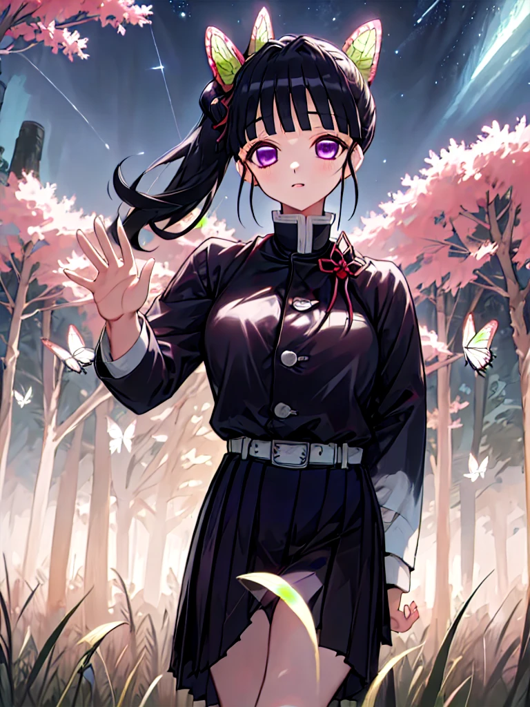 masterpiece, best quality, highres,
kanaodef, 1girl, solo, purple eyes, black hair, long hair, blunt bangs, bangs, hair ornament, bug, butterfly, side ponytail, butterfly hair ornament,
skirt, long sleeves, jacket, black jacket, pleated skirt, belt, black skirt, knee, buckle, sheathed, belt buckle, white belt, cape, white cape, demon slayer uniform, kimetsu no yaiba,
upper body, looking at viewer, hand on hips, waving, waving arms, outdoors, forest, field, night, night sky, starry sky,