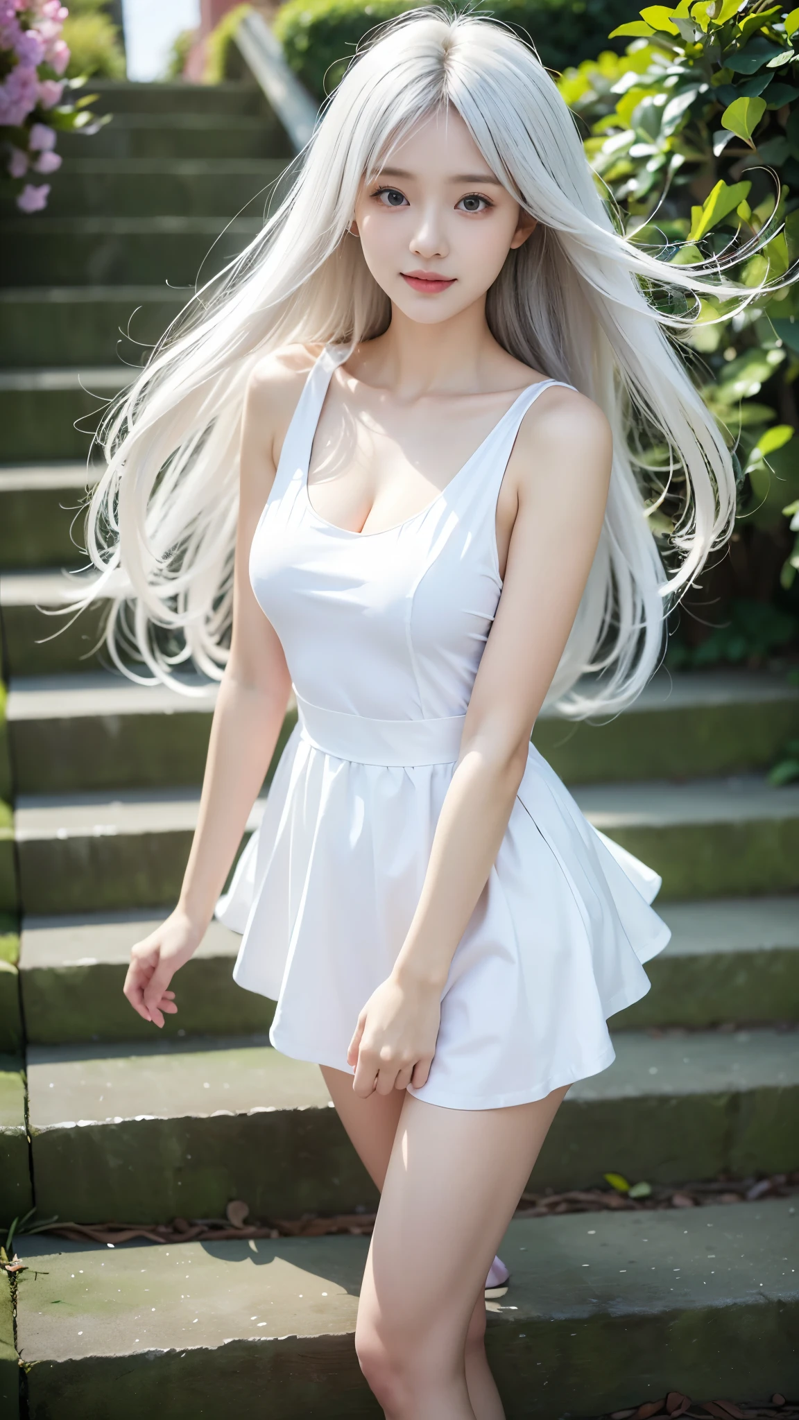 Some women have long white hair, A simple, thin one-piece dress worn by a beautiful girl, With slit, (Her skin is visible through her dress), Real life anime girls, , Baby Face, Sslender figure, Perfect white hair girl, Anime Girl Cosplay, Photorealistic Animation, Realistic anime 3D style, Realistic young anime girl, Ultra realistic anime, (Two Side Up), White Hair Girl, Photorealistic Animation girl render, Beautiful anime school girl, (Blooming Flowers々A fantastic and beautiful staircase background created by), (Detailed eyes and face:1.2, Professional photography techniques), Beautiful breasts, (Cleavage), Slender body line, Small beautiful butt, (Tight high waist), Cute Smile, ((Hair fluttering in the wind:1.3, Skirt rolled up in the wind:1.2))