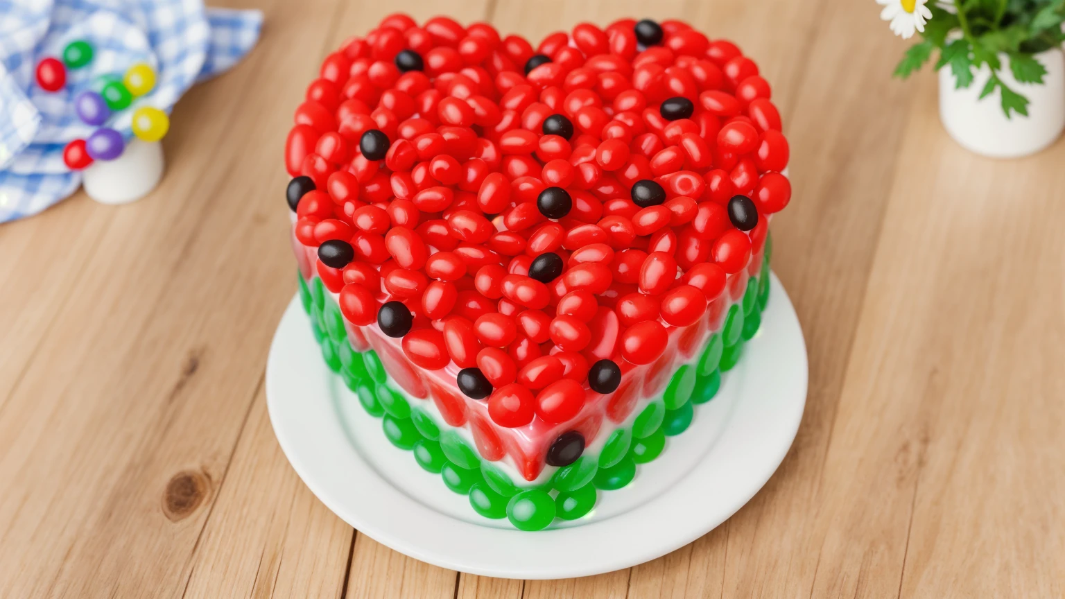 on a wooden table, on a white plate there is a heart-shaped cake made of red and green cream. star shaped cream, with black plastic beads. there is a blue checkered tablecloth on the table next to it, scattered rainbow jelly beans, chamomile lies, Multiple light sources, bright lighting, Realistic style , realistic texture, detailed texture, A high resolution, high quality, macro photo, ultra hd 4k quality.
