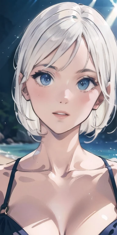 a beautiful girl with white hair and purple eyes, wearing a bikini on the beach, with light particles and rays of light, digital art wallpaper, (best quality,4k,8k,highres,masterpiece:1.2),ultra-detailed,(realistic,photorealistic,photo-realistic:1.37),beautiful detailed eyes,beautiful detailed lips,extremely detailed eyes and face,longeyelashes,surreal,dramatic lighting,vibrant colors,vivid colors,volumetric lighting,soft focus