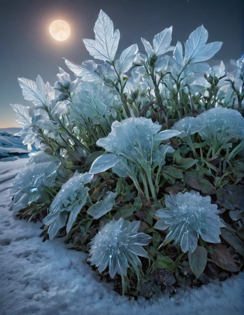 Create an image of a rare plant called Shiverbug, which grows exclusively in the remote, icy regions of the Arctic tundra. The plant should have luminescent, crystalline leaves that emit a bluish glow under the moonlight, and delicate, silver-colored stems that appear to be made of ice. The Shiverbug plant grows in small clusters hidden among snowdrifts and ice blocks. During the day, it appears almost transparent, but at night, it reveals its magical nature with a flickering brightness that attracts Arctic night birds and insects. The scene should depict a snowy, moonlit Arctic landscape with Shiverbug plants standing out as small, glowing jewels amidst the harsh and barren environment.