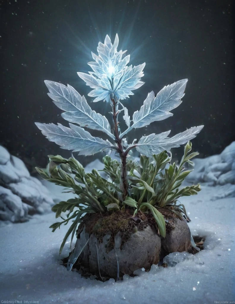 Create an image of a rare plant called Shiverbug, which grows exclusively in the remote, icy regions of the Arctic tundra. The plant should have luminescent, crystalline leaves that emit a bluish glow under the moonlight, and delicate, silver-colored stems that appear to be made of ice. The Shiverbug plant grows in small clusters hidden among snowdrifts and ice blocks. During the day, it appears almost transparent, but at night, it reveals its magical nature with a flickering brightness that attracts Arctic night birds and insects. The scene should depict a snowy, moonlit Arctic landscape with Shiverbug plants standing out as small, glowing jewels amidst the harsh and barren environment.