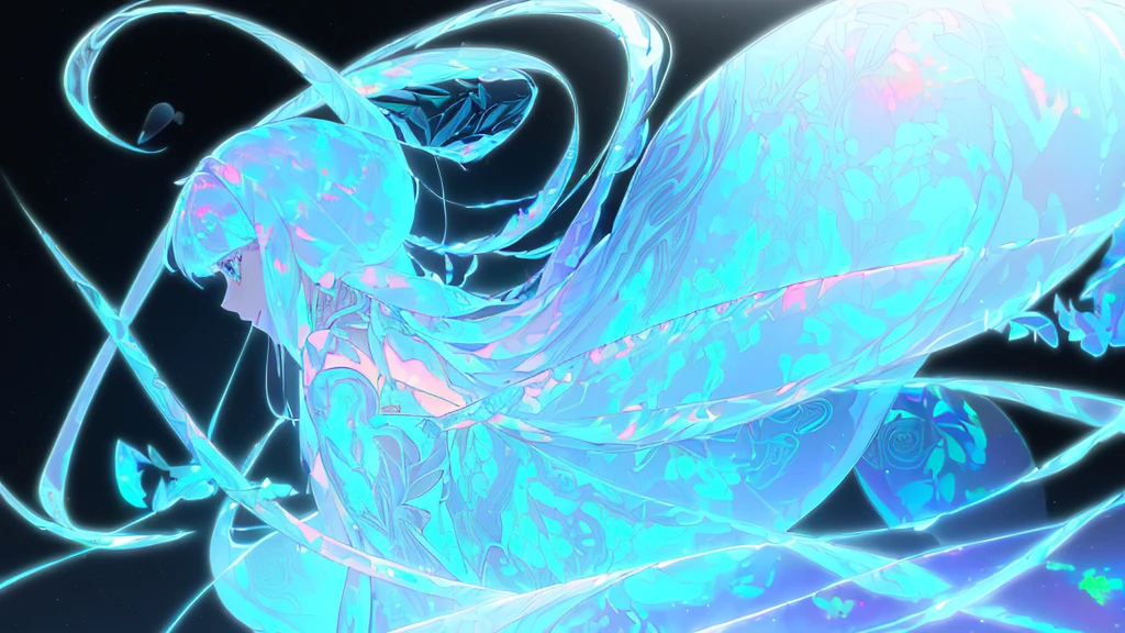 fantasy A girl and dynamic glow reflecting on face long hairs (illusion) (bioluminescent transparent(((opal knight girl))) ((very long hair)), featuring a (((black silhouette))), intricate details and opal glowing outlines that give off a (((softly glowing opal blue))), evoking a sense of mystery and fantasy (((8k, Ultra high definition, Intricate details, hyper realistic))) photo realistic, ((white background))