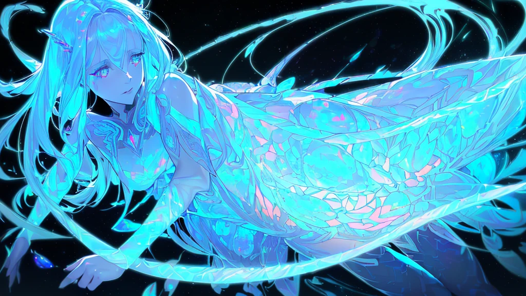 fantasy A girl and dynamic glow reflecting on face long hairs (illusion) (bioluminescent transparent(((opal knight girl))) ((very long hair)), featuring a (((black silhouette))), intricate details and opal glowing outlines that give off a (((softly glowing opal blue))), evoking a sense of mystery and fantasy (((8k, Ultra high definition, Intricate details, hyper realistic))) photo realistic, ((white background))