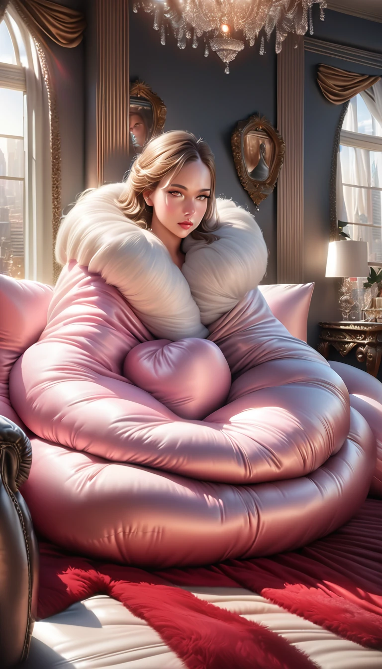 a luxurious and fluffy red silk bed, many giant silk body pillows, fluffy red silk comforter, (best quality,8k,highres,masterpiece:1.2),ultra-detailed,(realistic,photorealistic,photo-realistic:1.37),HDR,studio lighting,extreme detail description,vivid colors,soft light,dreamy atmosphere,luxurious,opulent,lavish,plush,elegant,high-end,sophisticated,premium quality