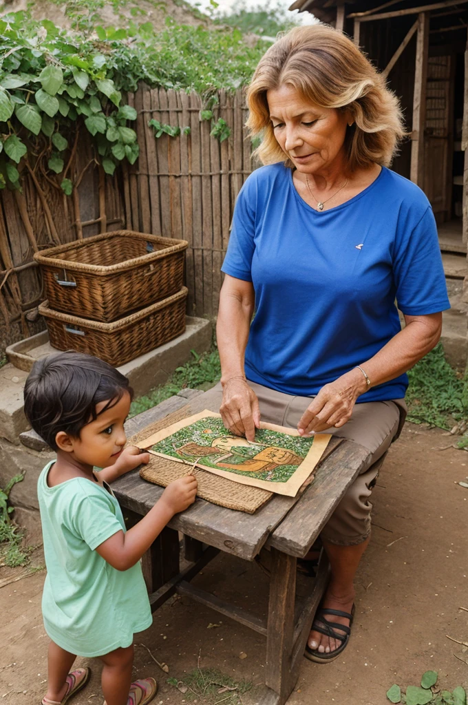 In a village, an old mother made a picture of a lion using lady's finger vegetable and small children of the village were also present there.