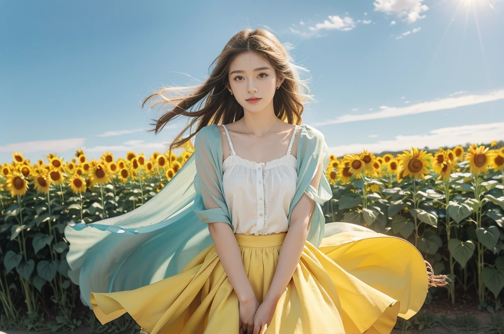 (((best quality))), (((ultra detailed))), (((masterpiece))), illustration, a picturesque scene of a beautiful Ukrainian girl standing amidst a field of sunflowers, short braided blonde hair, ((vibrant blue shirt,Maxi bright yellow skirt)), complementary attire, horizon as backdrop, brilliant shade of clear blue sky, stark contrast with yellow flowers, sea of yellow sunflowers, girl's presence adds intimacy, striking features, sharp piercing eyes, warm kindness, subtle smile, gentle nature, simplicity of beauty, natural setting, yellow dress cascading to ankles, fluttering in gentle breeze, short braids tied with colorful ribbons, playfulness, beauty in simplicity, girl standing out against vivid backdrop, harmonious fusion of nature's splendor and human grace, viewer captivated by girl's beauty, serenity of sunflower field, invites imagination of tranquility, away from chaos of everyday life, reminder of inherent beauty in world around us, waiting to be discovered