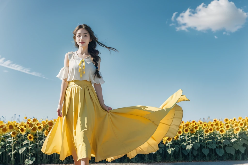 (((best quality))), (((ultra detailed))), (((masterpiece))), illustration, a picturesque scene of a beautiful Ukrainian girl standing amidst a field of sunflowers, short braided blonde hair, ((vibrant blue shirt,Maxi bright yellow skirt)), complementary attire, horizon as backdrop, brilliant shade of clear blue sky, stark contrast with yellow flowers, sea of yellow sunflowers, girl's presence adds intimacy, striking features, sharp piercing eyes, warm kindness, subtle smile, gentle nature, simplicity of beauty, natural setting, yellow dress cascading to ankles, fluttering in gentle breeze, short braids tied with colorful ribbons, playfulness, beauty in simplicity, girl standing out against vivid backdrop, harmonious fusion of nature's splendor and human grace, viewer captivated by girl's beauty, serenity of sunflower field, invites imagination of tranquility, away from chaos of everyday life, reminder of inherent beauty in world around us, waiting to be discovered