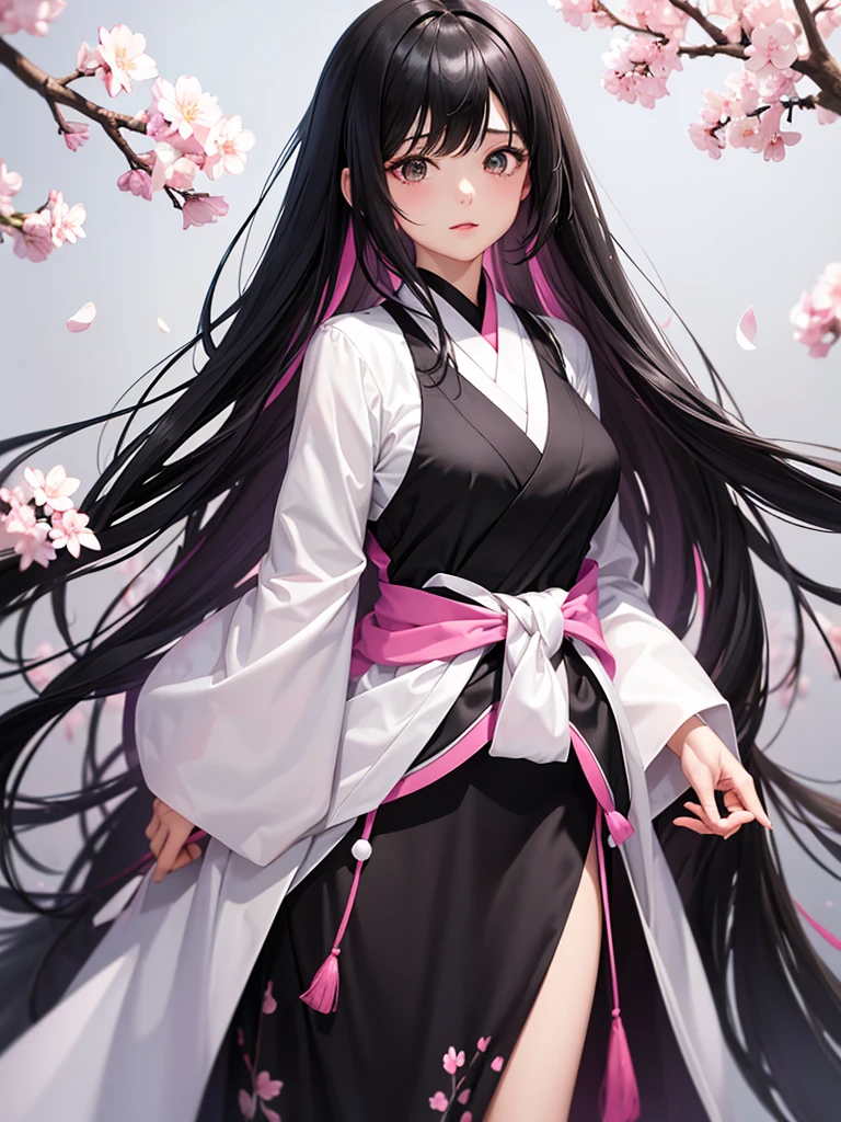 best quality, character design sheet, adult woman、No hat on, Black and pink hair, whole body, Head to Toe, Fortuneteller、Standing facing forward, Beautiful black dress, long Black Hair, Pure white background, from front, best quality, Cherry blossom pattern、Japanese、Adult Japanese、Clear eyes、Standing facing forward、The face is facing forward、holding a magic card in hand、White background、Black western dress、Neutral face、Black hair with pink inner color