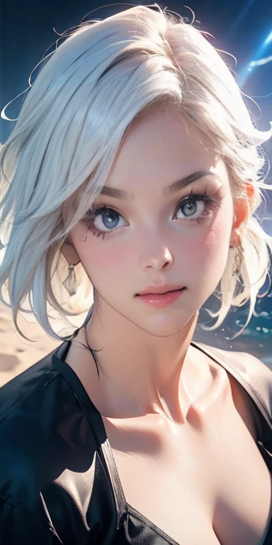 a beautiful girl with white hair and purple eyes, wearing a bikini on the beach, with light particles and rays of light, digital art wallpaper, (best quality,4k,8k,highres,masterpiece:1.2),ultra-detailed,(realistic,photorealistic,photo-realistic:1.37),beautiful detailed eyes,beautiful detailed lips,extremely detailed eyes and face,longeyelashes,surreal,dramatic lighting,vibrant colors,vivid colors,volumetric lighting,soft focus