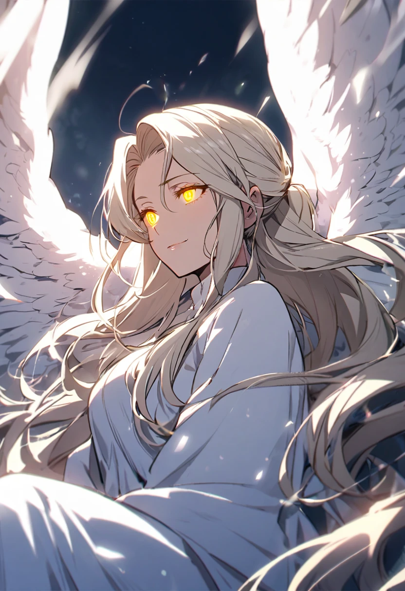 girl, ponytail. white aura, angel, angel wings, yellow eyes, glowing eyes, whita hair , long hair, relaxing face, mature