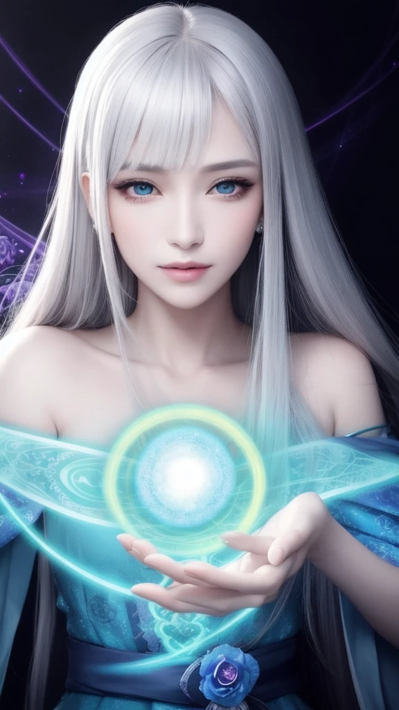 (masterpiece, top quality, 1 female, solo, exquisite details, chromatic aberration), (realistic), (skin), ((breathing)), (silver hair, blunt bangs, cropped straight long hair, short bangs, silver hair), beautiful hair, red headdress, highlights, hair on one eye, beautiful eyes, purple eyes, thick lips, earrings, piercing eyes, ((gold and white kimono)), ((symmetrical eyes)), ((perfectly symmetrical body)), ((perfectly symmetrical hands)), (purerosface_v1:0.3), full moon night, ((self, natural light))), bright lighting, flowers blooming in the background, in front of the viewer, ((central shot, from the front, (face and shoulders))), mysterious atmosphere, colorful flowers blooming around, light colored background, fortune teller in kimono, beautiful fortune teller, fortune teller, Fantasy female fortune teller, female fortune teller, fantasy photography, Japanese style, fortune teller in kimono, elegant cinematic fantasy art, fantasy woman, magician portrait, fortune teller, powerful wizard surrounded by mystical colorful flowers, holding a glowing heart crystal ball, eyes glowing with mystical energy, spells leaking from her mouth, vivid swirls of sorcery pulsating with iridescent hues appear in the air, magic permeates, flowers bloom, sacred creatures gaze in awe, threads of magical energy dance, reveal hidden realms, unravel secrets, capture the essence of this enchanting moment and bring to life the mysterious power of sorcery on a canvas of the highest quality and finest detail. Top Quality, Masterpiece, Ultra High Resolution, (Photorealistic: 1.4), RAW Photo, Sharp Focus, High Resolution, Detailed Skin.
