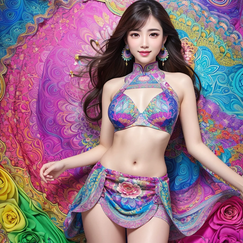 (masterpiece、highest quality、highest quality、official art、beautiful beautiful:1.2)、(1 girl:1.3)、smile gently、very detailed、(fractal art:1.1)、(Colorful:1.1)(Floral:1.3)、most detailed、(zentangle:1.2)、beautiful face、detailed face、perfect proportions、burst chest、huge breasts thin waist、belly button、big ass、gap between crotches、thick tight、(dynamic pose)、(abstract background:1.3)、(qipao dress:1.2)、(shiny skin)、(lots of colors:1.4)、、(earrings:1.4)、1 woman