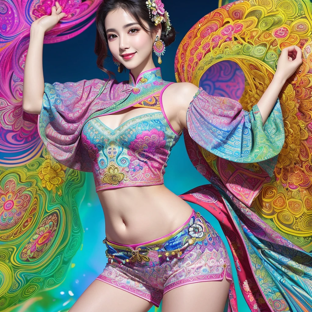 (masterpiece、highest quality、highest quality、official art、beautiful beautiful:1.2)、(1 girl:1.3)、smile gently、very detailed、(fractal art:1.1)、(Colorful:1.1)(Floral:1.3)、most detailed、(zentangle:1.2)、beautiful face、detailed face、perfect proportions、burst chest、huge breasts thin waist、belly button、big ass、gap between crotches、thick tight、(dynamic pose)、(abstract background:1.3)、(qipao dress:1.2)、(shiny skin)、(lots of colors:1.4)、、(earrings:1.4)、1 woman