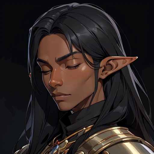 (masterpiece), (best quality),(portrait),(bust up),1boy,solo,(sharp focus),((look at viewer)),elf,elf wizard,(black hair),(dark skin) ,(black skin),long hair,adult, (ancient:1),ancient luxurious long clothes,old school fantasy art,((simple background)),super shiny face,Ultra Glossy Skin,from leftside,close your eyes,