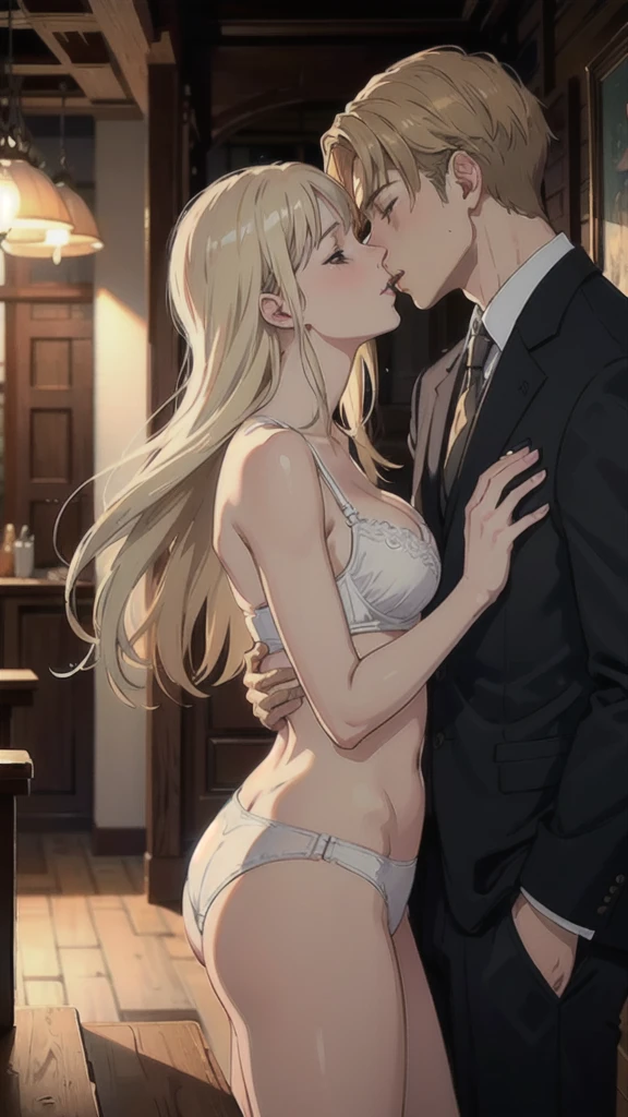 ((best quality)), ((masterpiece)), (detailed), one girl with long blond hair in white bra and white panties kiss one muscle blond guy in suit, view from side on scene, passionate kiss, cozy atmosphere, cozy lighting, standing poses