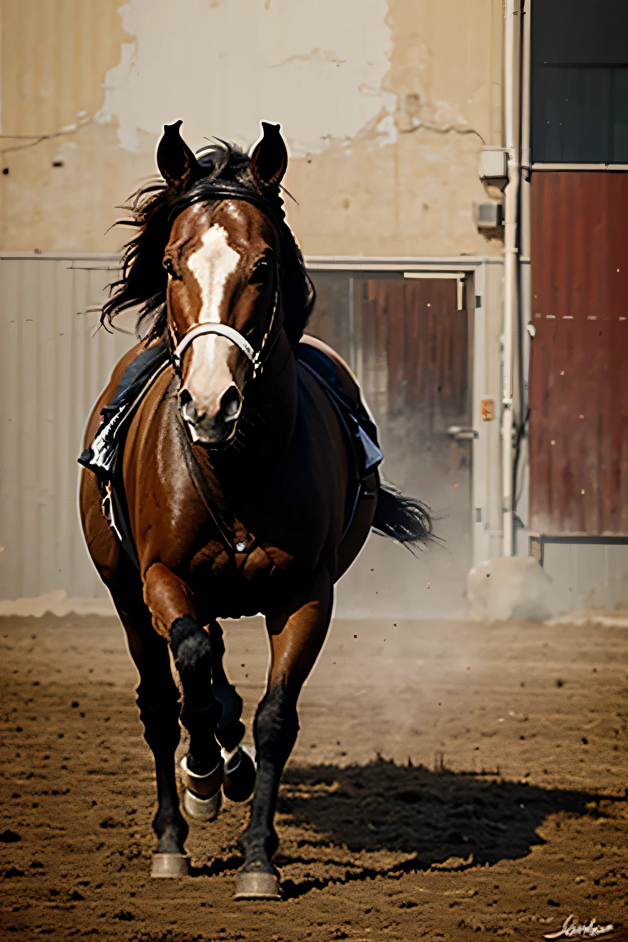An abstract painting with a running horse