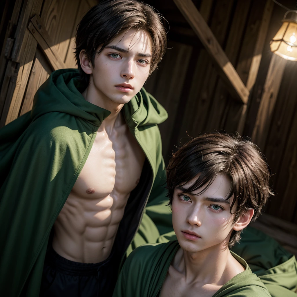 anime style diffusion, trunk, (face to side 0.3), boy with short brown hair and bright brown eyes, (eyes open 0.5), (serious face 0.1), majestic green cloak with white details, top light, hight contrast , 2D style, photoshop, cinematic
