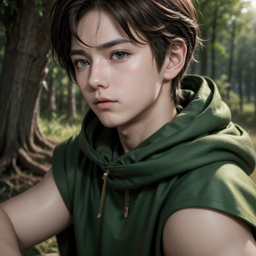 anime style diffusion, trunk, (face to side 0.3), boy with short brown hair and bright brown eyes, (eyes open 0.5), (serious face 0.1), majestic green cloak with white details, top light, hight contrast , 2D style, photoshop, cinematic
