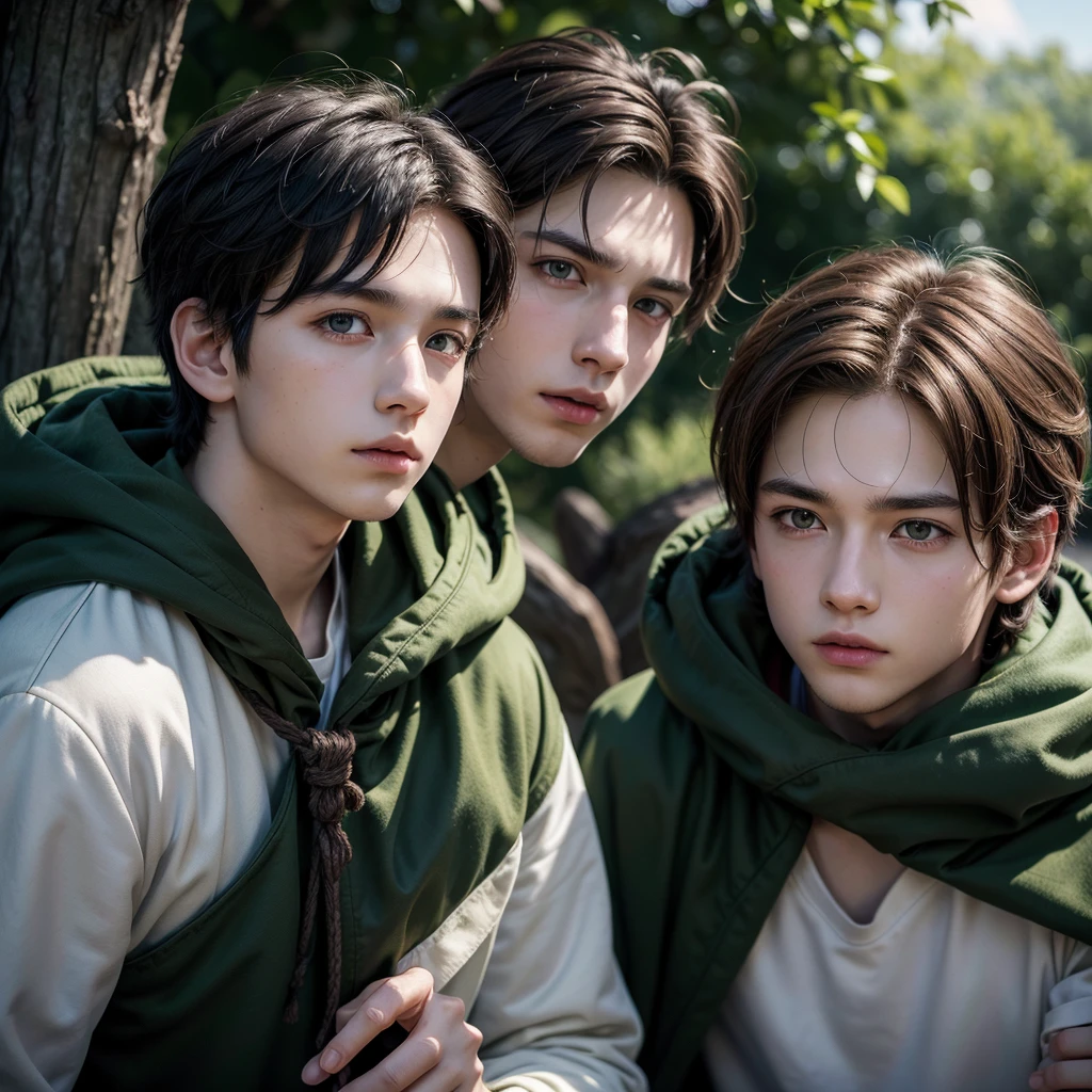 anime style diffusion, trunk, (face to side 0.3), boy with short brown hair and bright brown eyes, (eyes open 0.5), (serious face 0.1), majestic green cloak with white details, top light, hight contrast , 2D style, photoshop, cinematic