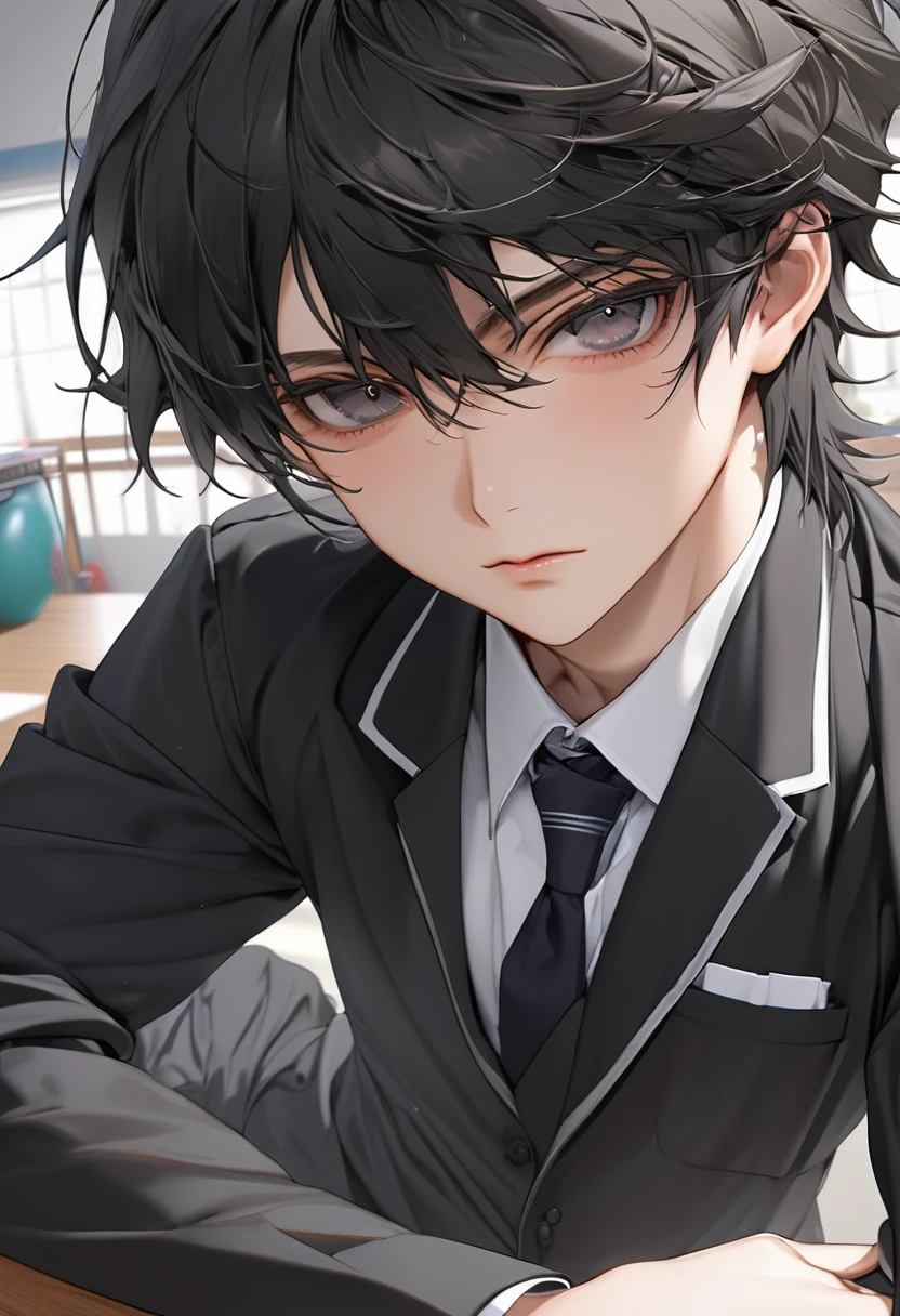 A highschool boy, handsome, perfect body, black hair, short hair, mullet, black eyes, upturned eyes, expressionless, black highschool uniform, anime, first-person view, masterpiece, anatomically correct, high details, highres, best quality, super detail, 1080P
