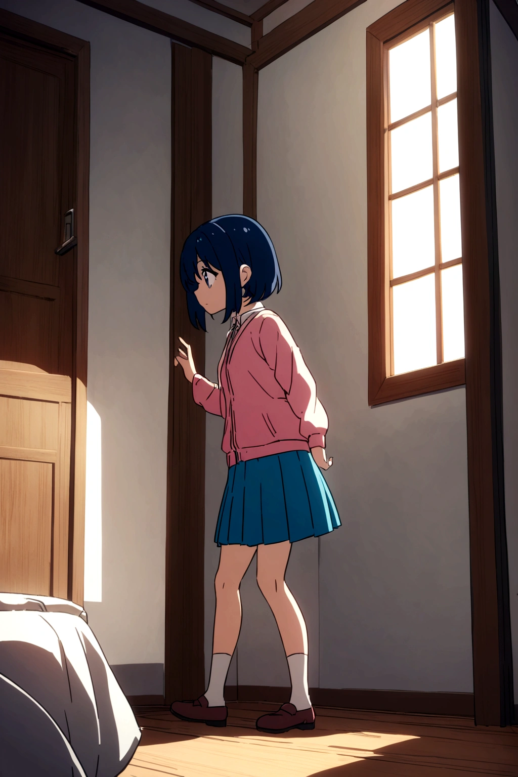 2D anime girl in short skirt a little shorter shorter shown in the house