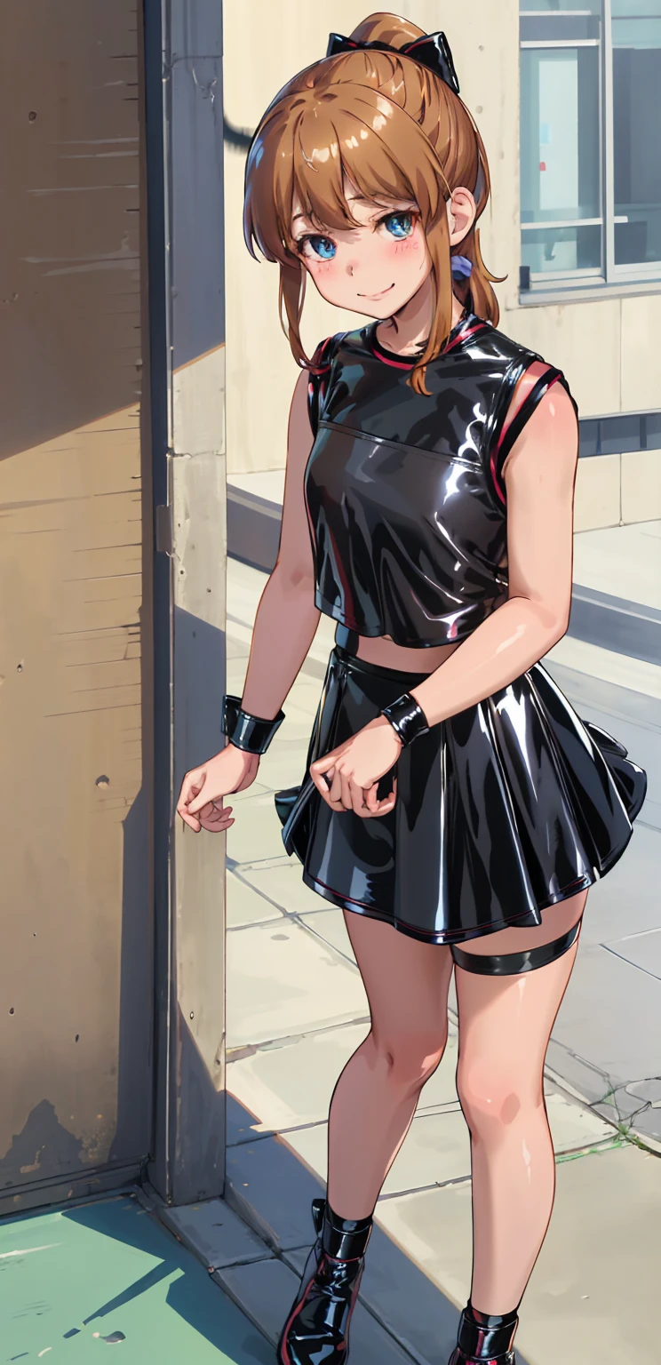 best quality, (masterpiece:1.2), highly detailed, standing, street,
1girl, solo, akatsuki minami,
looking at the viewer, closed mouth, smile, slight blush,
blue eyes, brown hair, ponytail, hair bow, sleeveless, (((dominant girl, latex skirt,  latex shirt )))