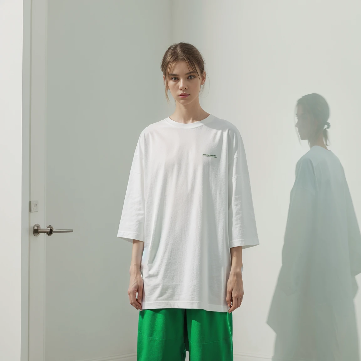 white oversize t-shirt no any patten on any logo,white oversize t-shirt , all green color background,balenciaga concept fashion photo, Paris