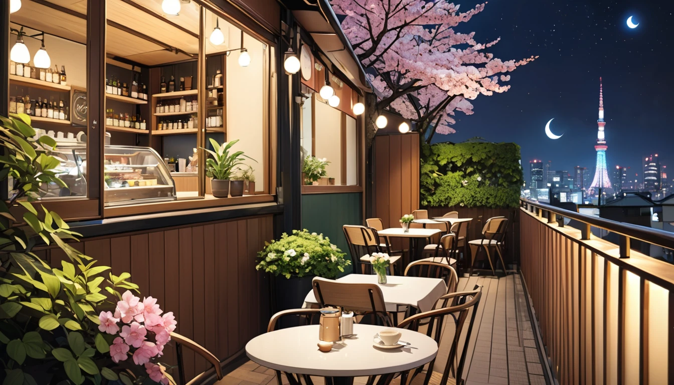 Tokyo at night, balcony of a cafe with a calm atmosphere, night view, night cherry blossoms, crescent moon and shining stars, chairs and tables, ornamental plants,