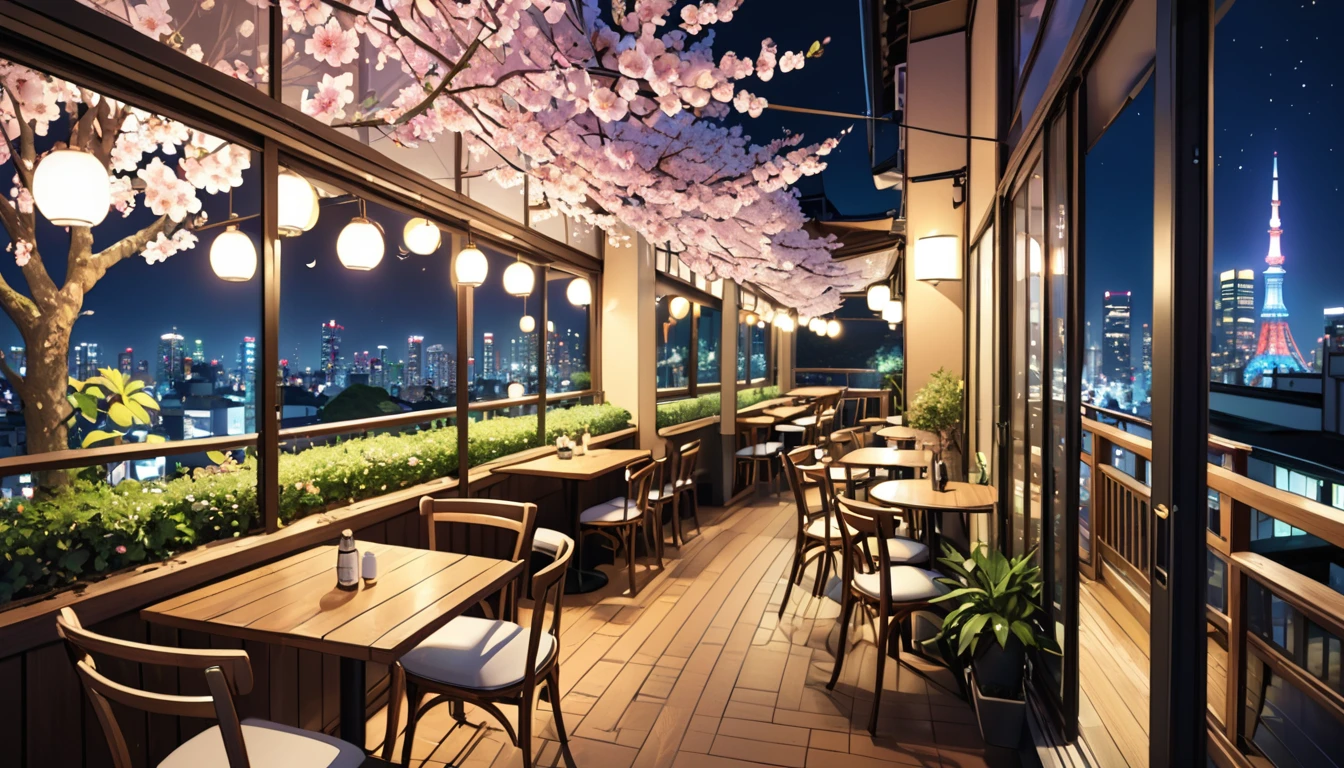 Tokyo at night, balcony of a cafe with a calm atmosphere, night view, night cherry blossoms, crescent moon and shining stars, chairs and tables, ornamental plants,