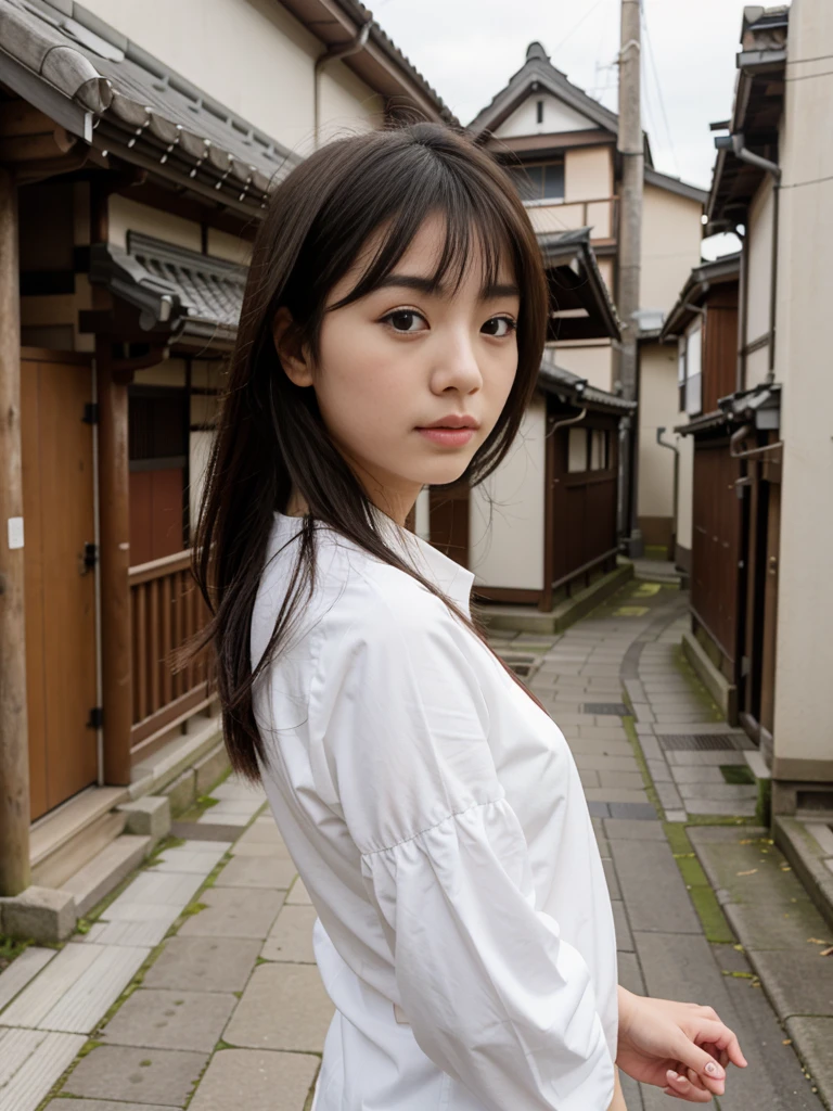 1 person　Cute Japanese Girl　Rivers in Kyoto　Hair fluttering gently in the wind