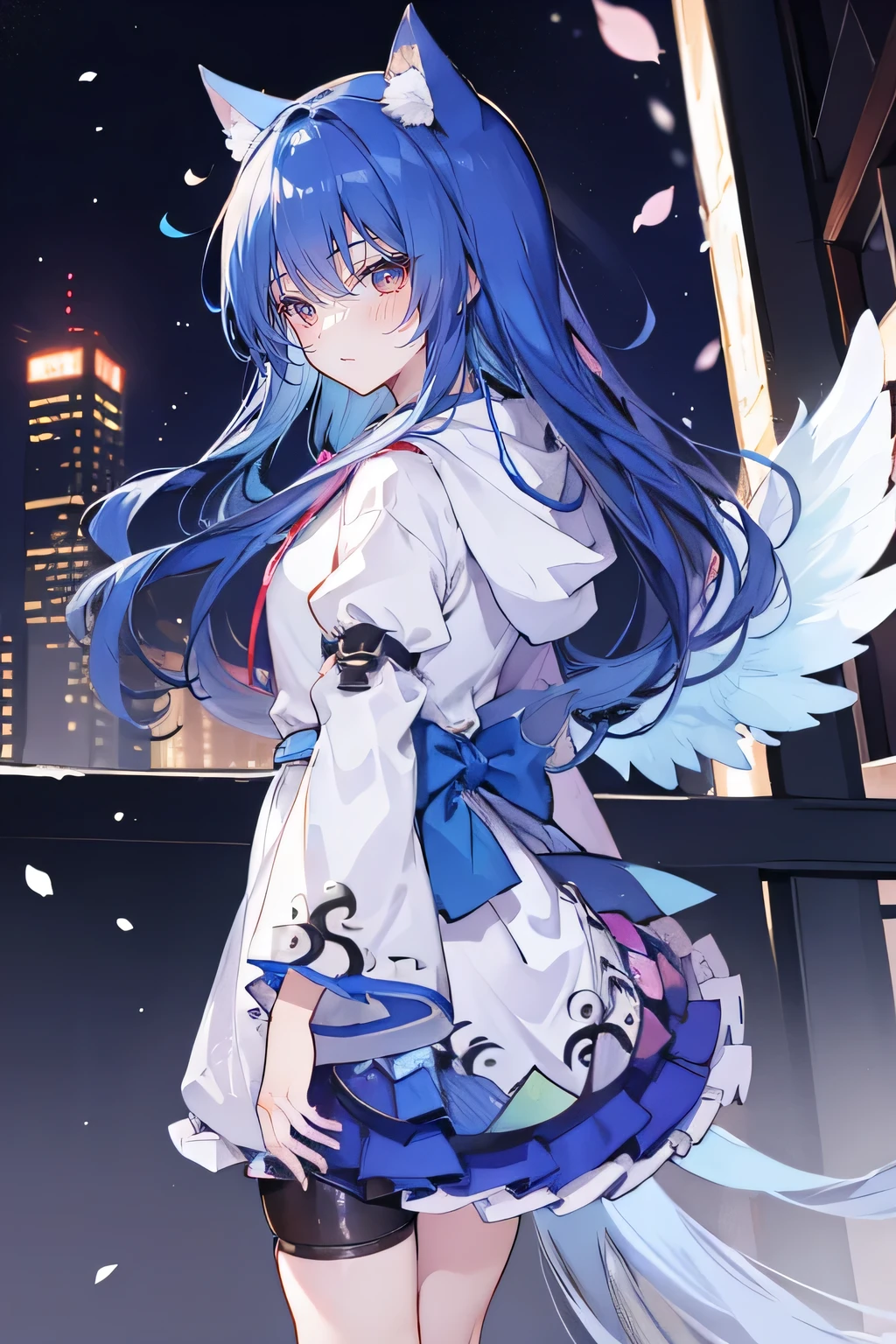 （masterpiece：1.2），Super detailed，lifelike，Expressive eyes，fair skin，perfect face shape，1 girl，
Japanese comics,Gorgeous blue hair,flowing blue hair,flowing clothes,Cat ears,Petals fall,beautiful lola,Baby Angel,
Shaking head with one hand，Cross your legs，Gentle and peaceful background，The pavilion is cool and comfortable,smile, wearing hoodie, background of tokyo,back views,snowing, winter,Angel wings，The world is open，shameful expression。