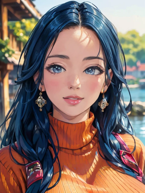 1 girl, bright blue hair, orange sweater, outdoor, long hair, breasts, smile, detailed face, beautiful detailed eyes, beautiful detailed lips, extremely detailed eyes and face, long eyelashes, (best quality, 4k, 8k, highres, masterpiece:1.2), ultra-detailed, (realistic, photorealistic, photo-realistic:1.37), portraiture, vibrant colors, natural lighting, warm tones, large breast, sensual Perfect body.