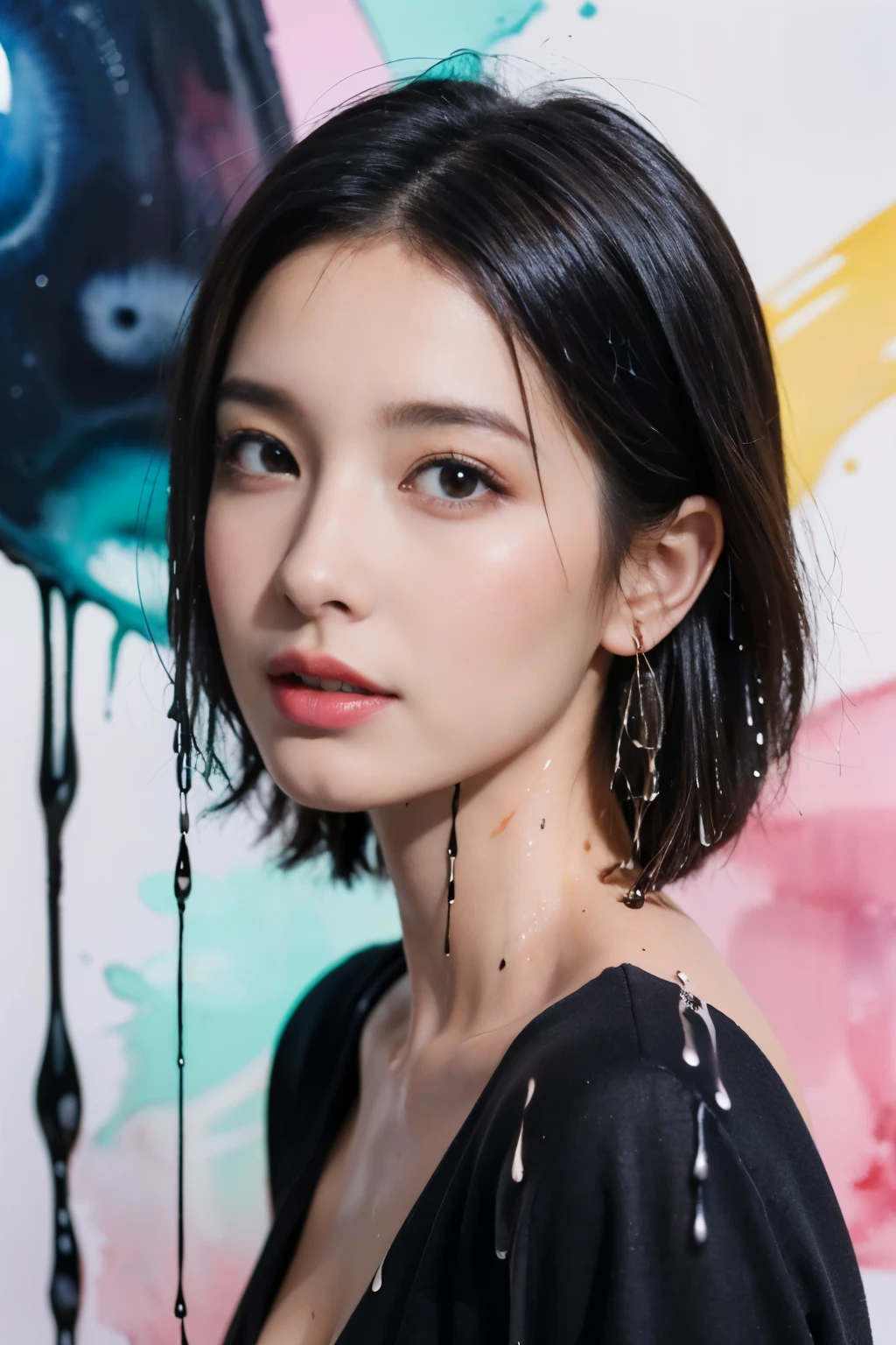 ((masterpiece:1.4, Highest quality)), (Photorealism), (watercolor background), (Artwork), ((1 Girl)), (Bright design), (Space and galaxy pastel colors), (Ink splashes and drips:1.5), (Fusion with the world of Kandinsky:0.5), (looking at viewer)