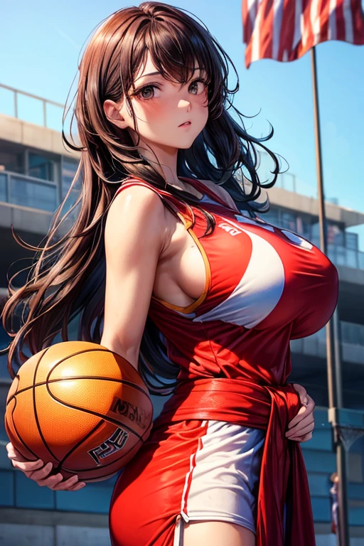 A girl in a red basketball uniform, (((big breasts))), (((loose hair))), (((Right hand on his waist and his left hand holding the basketball))), (((the flag))), .