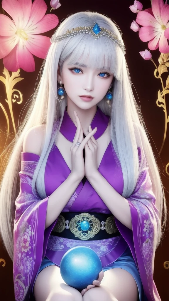 (masterpiece, top quality, 1 female, solo, exquisite details, chromatic aberration), (realistic), (skin), ((breathing)), (silver hair, blunt bangs, cropped straight long hair, short bangs, silver hair), beautiful hair, red headdress, highlights, hair on one eye, beautiful eyes, purple eyes, thick lips, earrings, piercing eyes, ((gold and white kimono)), ((symmetrical eyes)), ((perfectly symmetrical body)), ((perfectly symmetrical hands)), (purerosface_v1:0.3), full moon night, ((self, natural light))), bright lighting, flowers blooming in the background, in front of the viewer, ((central shot, from the front, (face and shoulders))), mysterious atmosphere, colorful flowers blooming around, light colored background, fortune teller in kimono, beautiful fortune teller, fortune teller, Fantasy female fortune teller, female fortune teller, fantasy photography, Japanese style, fortune teller in kimono, elegant cinematic fantasy art, fantasy woman, magician portrait, fortune teller, powerful wizard surrounded by mystical colorful flowers, holding a glowing heart crystal ball, eyes glowing with mystical energy, spells leaking from her mouth, vivid swirls of sorcery pulsating with iridescent hues appear in the air, magic permeates, flowers bloom, sacred creatures gaze in awe, threads of magical energy dance, reveal hidden realms, unravel secrets, capture the essence of this enchanting moment and bring to life the mysterious power of sorcery on a canvas of the highest quality and finest detail. Top Quality, Masterpiece, Ultra High Resolution, (Photorealistic: 1.4), RAW Photo, Sharp Focus, High Resolution, Detailed Skin.