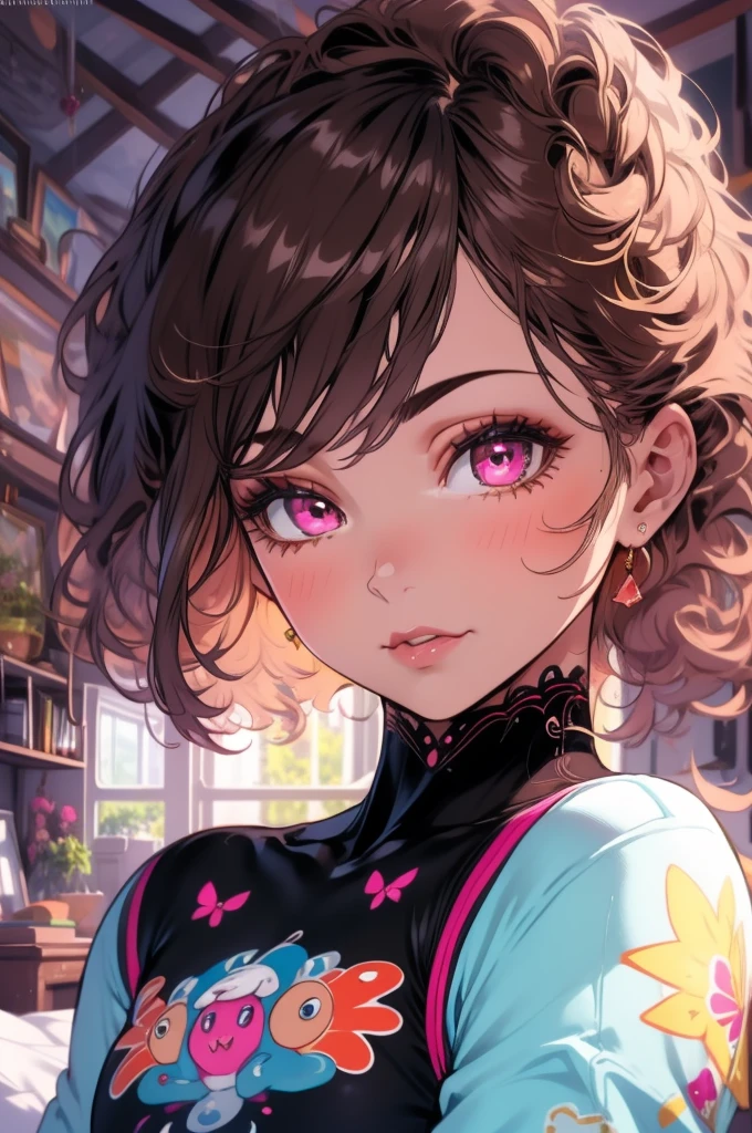 ((masterpiece)), ((detailed, high quality)), girl, cute face:1.2, soft brown hair, super straight hair, puppy ears lowered, pink eyes, blue skin, soft brown clothes, cute clothes, bedroom, close-up, cute pose
