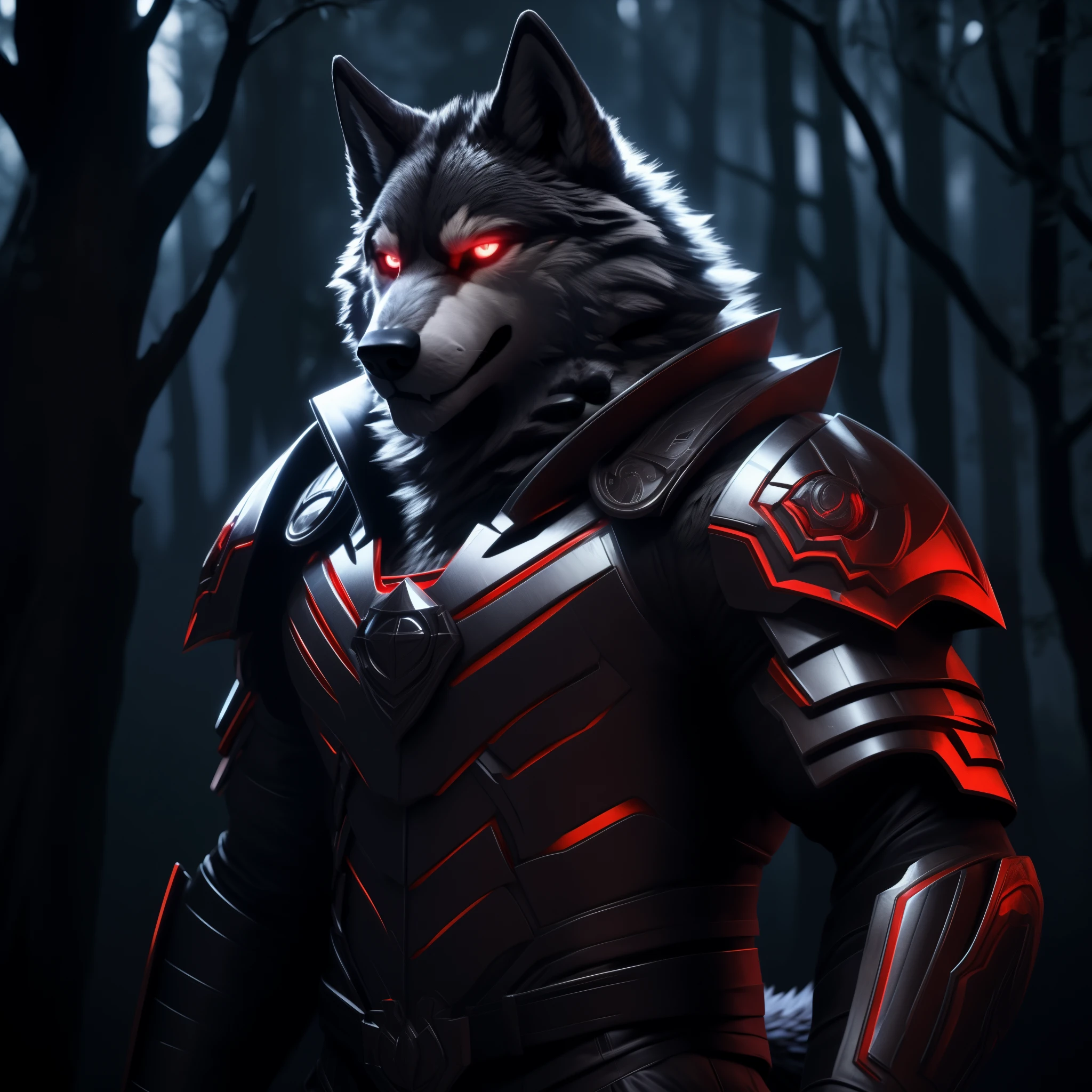 Posing, Male, 30 years old, biting lip smile, suit of gothic armour, bedroom eyes, anthro, wolf ears, (blakck fur:1.5), wolf, forest background at night, 8k, hi res, (best quality, masterpiece), red glowing eyes, (wolf tail:1.5), detailed fur
