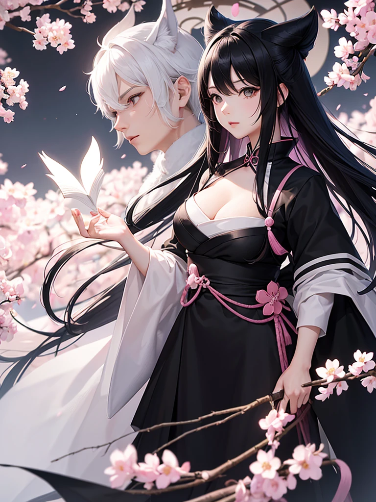 best quality, character design sheet, adult woman、No hat on, Black and pink hair, whole body, Head to Toe, Fortuneteller、Standing facing forward, Beautiful black dress, long Black Hair, Pure white background, from front, best quality, Cherry blossom pattern、Japanese、Adult Japanese、Clear eyes、Standing facing forward、The face is facing forward、holding a magic card in hand、White background、Black western dress、Neutral face、Black hair with pink inner color