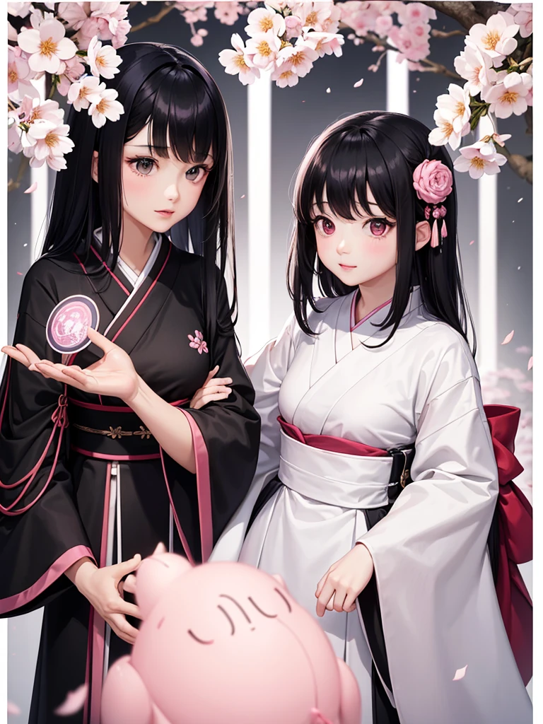 best quality, character design sheet, adult woman、No hat on, Black and pink hair, whole body, Head to Toe, Fortuneteller、Standing facing forward, Beautiful black dress, long Black Hair, Pure white background, from front, best quality, Cherry blossom pattern、Japanese、Adult Japanese、Clear eyes、Standing facing forward、The face is facing forward、holding a magic card in hand、White background、Black western dress、Neutral face、Black hair with pink inner color