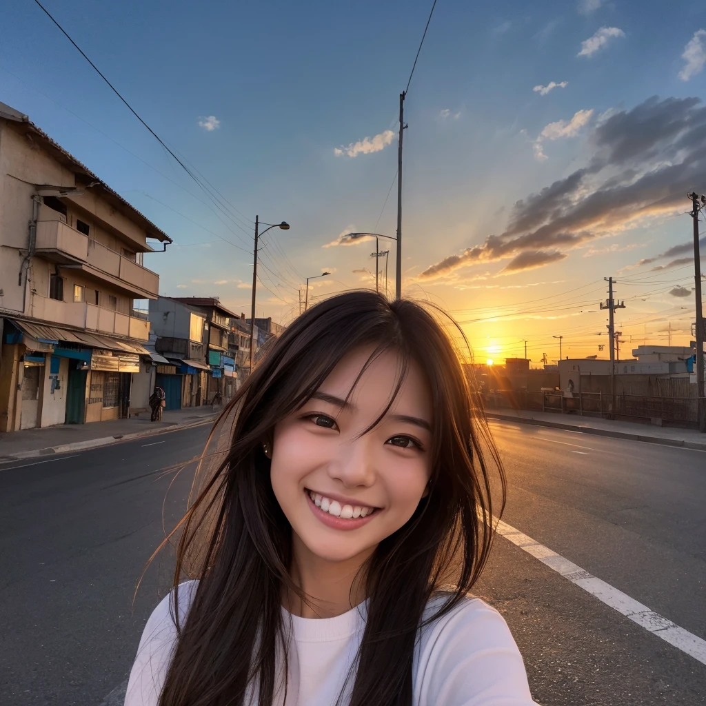 One girl, Self snap)), Wind, Dirty hair, sunset, Streetscape, (Aesthetics and atmosphere:1.2),smileの美しい女性、、Ultra HD、Japanese、One woman around 20 years old、Brown Hair、smile、((Smiling with white teeth))、