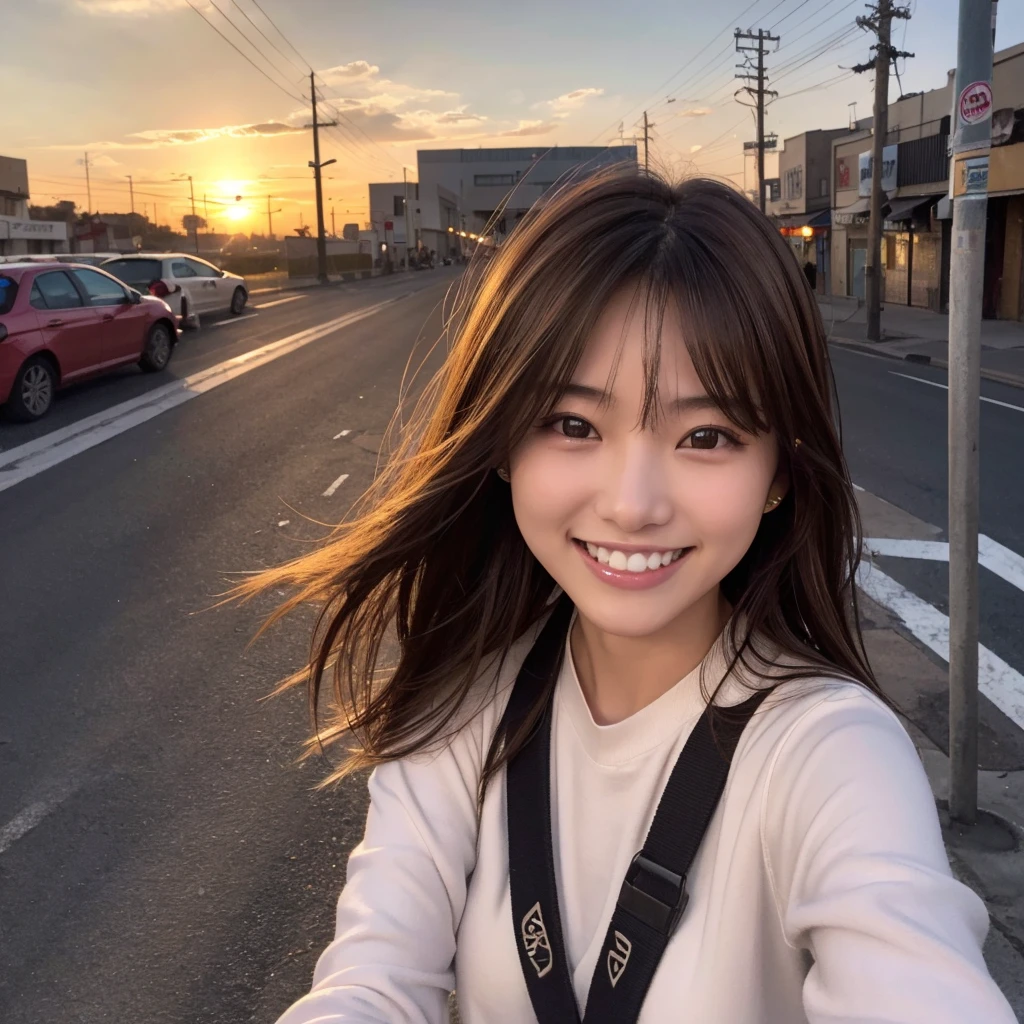 One girl,  Self snap)), Wind, Dirty hair, sunset, Streetscape, (Aesthetics and atmosphere:1.2),smileの美しい女性、、Ultra HD、Japanese、One woman around 20 years old、Brown Hair、smile、((Smiling with white teeth))、