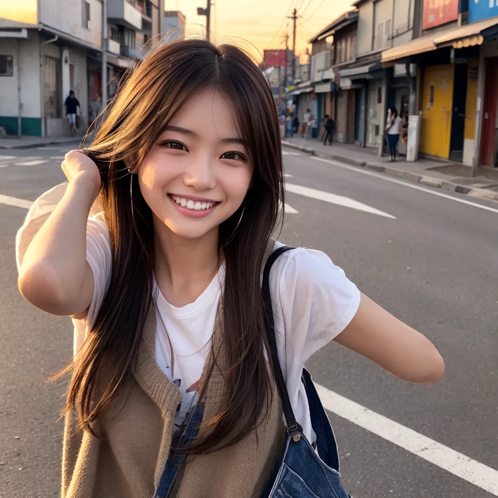 One girl,  Self snap)), Wind, Dirty hair, sunset, Streetscape, (Aesthetics and atmosphere:1.2),smileの美しい女性、、Ultra HD、Japanese、One woman around 20 years old、Brown Hair、smile、((Smiling with white teeth))、