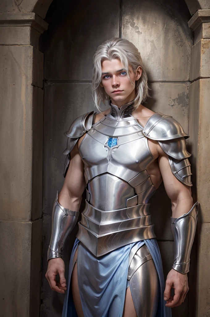 realist, man with shoulder-length silver hair, with skin pale as alabaster, metallic blue eyes, dressed in modern medieval clothing, bare arms, with betas of a bluish metal.