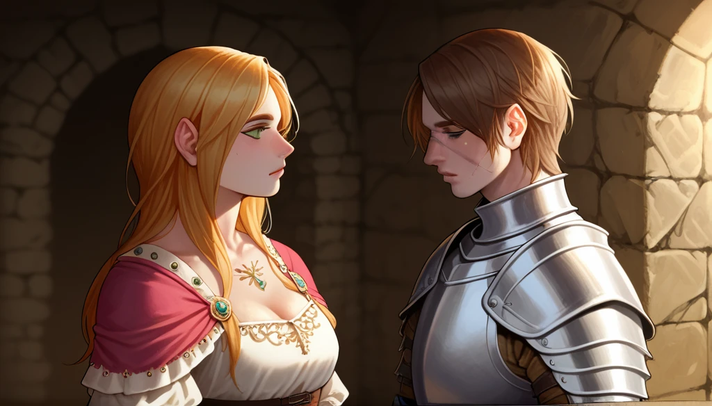 score_9_up, 2others, backtoback,back to back, back_to_back,
(1girl,(elf:1.2), female, (standing, portrait, focus, side_view), (long hair, Green eyes, jewelery)), (wearing medieval wizard clothes), beautiful),
(1man,(human:1.2), male, (standing, portrait, focus, side_view), (short hair, scars), (wearing medieval knight clothes), beautiful)